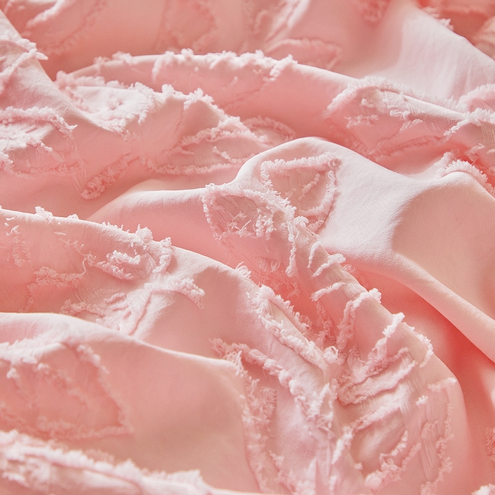 91家纺网 家纺一手货源 找家纺 缘生活 2026春夏新款民宿立体剪花蝴蝶结流苏四件套 剪花落叶流苏粉色