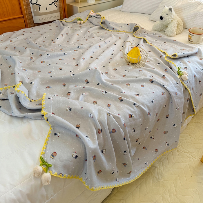 潮邦创意家居 2026新A类全棉双层纱三角针四角郁金香吊坠盖毯—郁金纱语系列【含A类检测报告】 萌趣猫