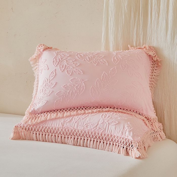 91家纺网 家纺一手货源 找家纺 缘生活 2026春夏新款民宿立体剪花蝴蝶结流苏四件套 剪花落叶流苏粉色