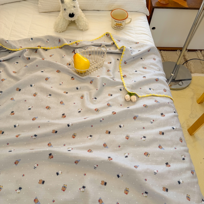 91家纺网 家纺一手货源 找家纺 潮邦创意家居 2026新A类全棉双层纱三角针四角郁金香吊坠盖毯—郁金纱语系列【含A类检测报告】 萌趣猫