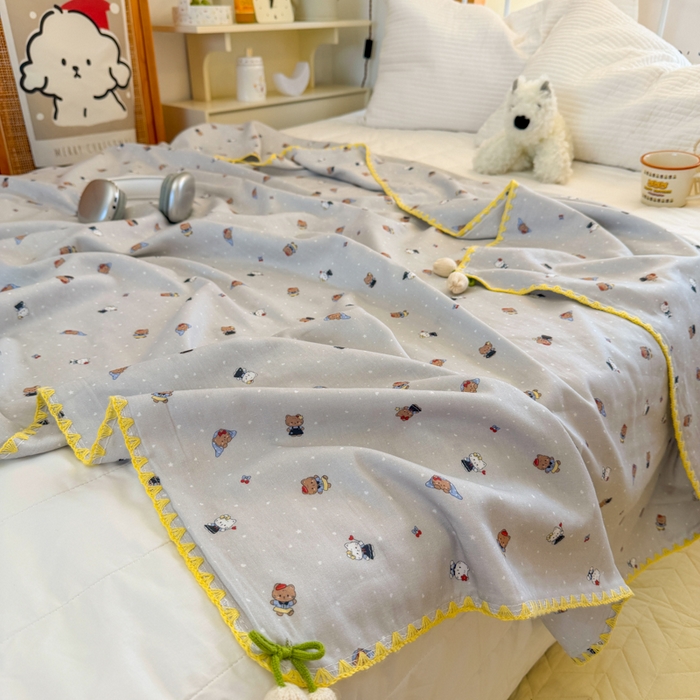 91家纺网 家纺一手货源 找家纺 潮邦创意家居 2026新A类全棉双层纱三角针四角郁金香吊坠盖毯—郁金纱语系列【含A类检测报告】 萌趣猫