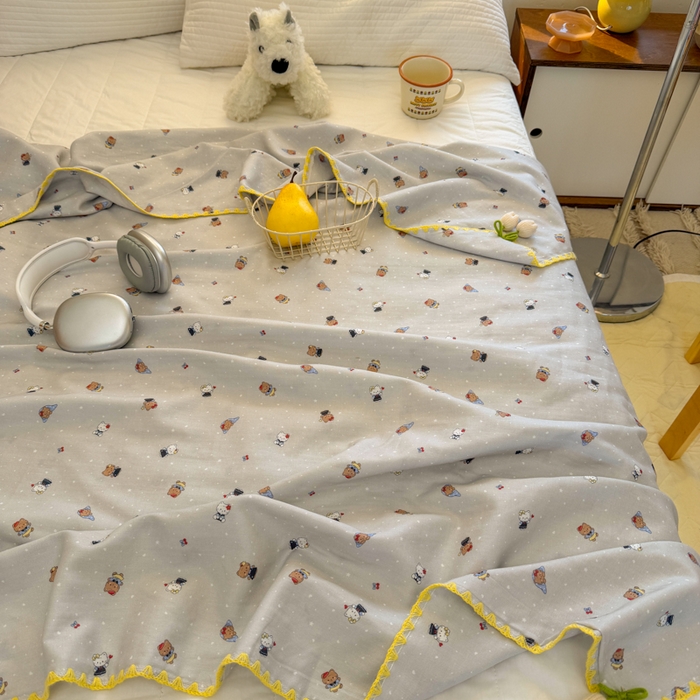 91家纺网 家纺一手货源 找家纺 潮邦创意家居 2026新A类全棉双层纱三角针四角郁金香吊坠盖毯—郁金纱语系列【含A类检测报告】 萌趣猫