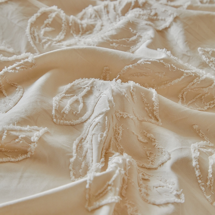 91家纺网 家纺一手货源 找家纺 缘生活 2026春夏新款民宿立体剪花蝴蝶结流苏四件套 剪花落叶流苏卡其