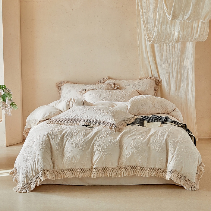 91家纺网 家纺一手货源 找家纺 缘生活 2026春夏新款民宿立体剪花蝴蝶结流苏四件套 剪花落叶流苏卡其