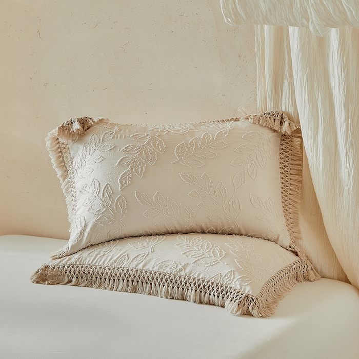 91家纺网 家纺一手货源 找家纺 缘生活 2026春夏新款民宿立体剪花蝴蝶结流苏四件套 剪花落叶流苏卡其