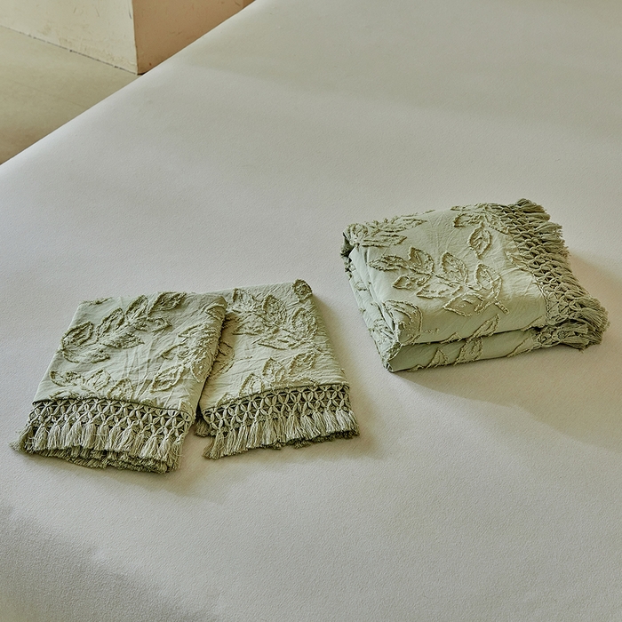 91家纺网 家纺一手货源 找家纺 缘生活 2026春夏新款民宿立体剪花蝴蝶结流苏四件套 剪花落叶流苏抹茶绿