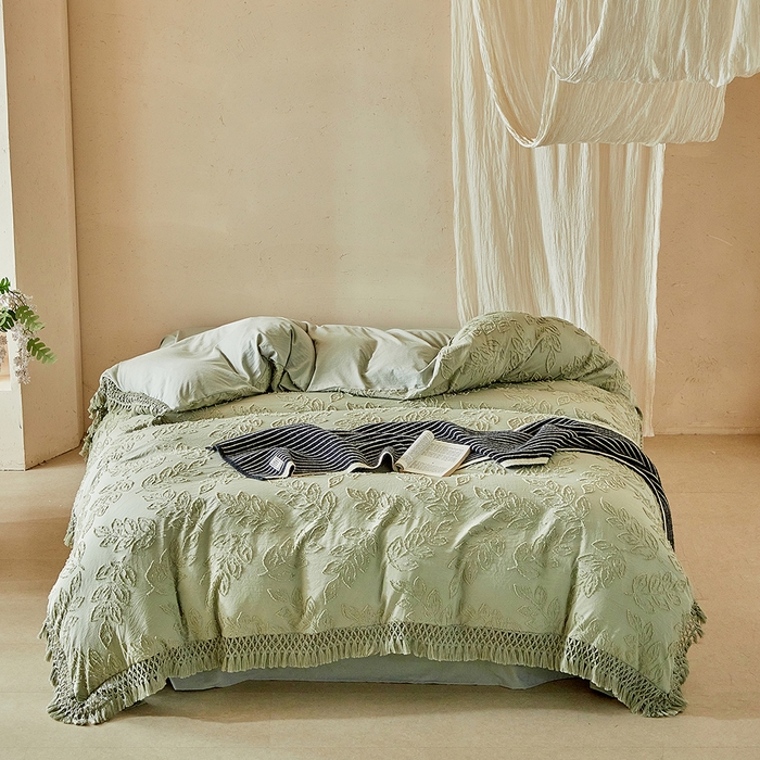 91家纺网 家纺一手货源 找家纺 缘生活 2026春夏新款民宿立体剪花蝴蝶结流苏四件套 剪花落叶流苏抹茶绿