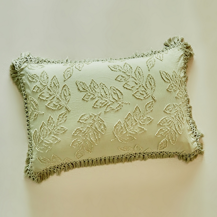 91家纺网 家纺一手货源 找家纺 缘生活 2026春夏新款民宿立体剪花蝴蝶结流苏四件套 剪花落叶流苏抹茶绿