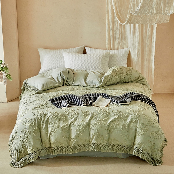 91家纺网 家纺一手货源 找家纺 缘生活 2026春夏新款民宿立体剪花蝴蝶结流苏四件套 剪花落叶流苏抹茶绿