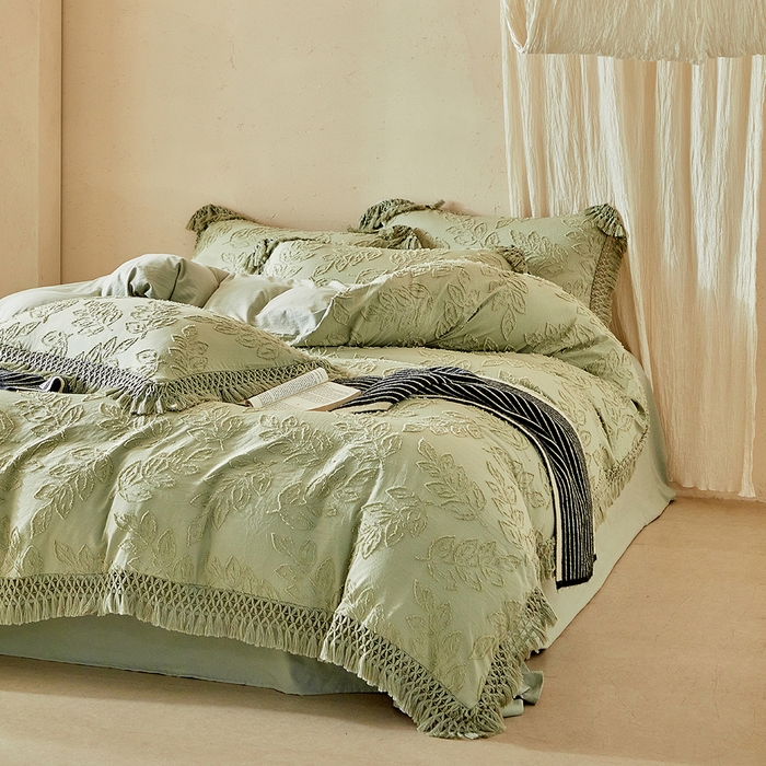 91家纺网 家纺一手货源 找家纺 缘生活 2026春夏新款民宿立体剪花蝴蝶结流苏四件套 剪花落叶流苏抹茶绿