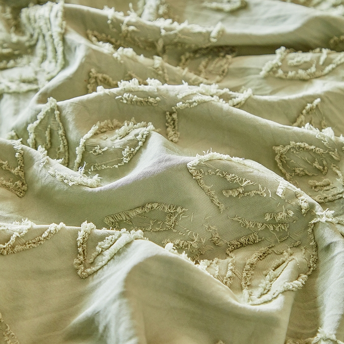 91家纺网 家纺一手货源 找家纺 缘生活 2026春夏新款民宿立体剪花蝴蝶结流苏四件套 剪花落叶流苏抹茶绿