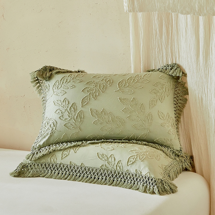 91家纺网 家纺一手货源 找家纺 缘生活 2026春夏新款民宿立体剪花蝴蝶结流苏四件套 剪花落叶流苏抹茶绿