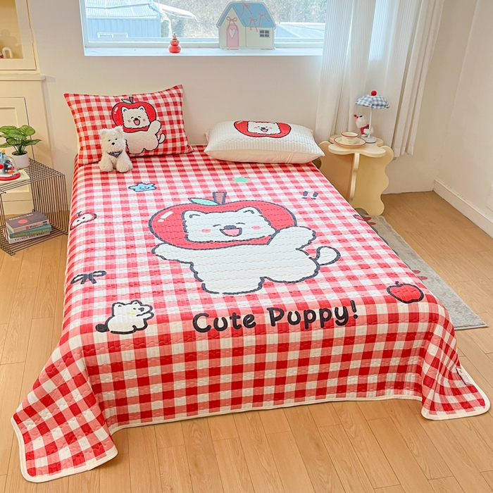 91家纺网 家纺一手货源 找家纺 大彩家居 2026新款针织夏被床盖四件套 红果啵啵狗