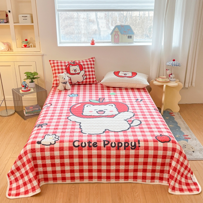 91家纺网 家纺一手货源 找家纺 大彩家居 2026新款针织夏被床盖四件套 红果啵啵狗