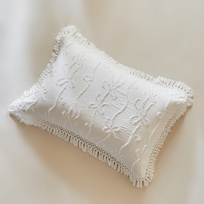 91家纺网 家纺一手货源 找家纺 缘生活 2026春夏新款民宿立体剪花蝴蝶结流苏四件套 剪花竖条纹蝴蝶结流苏本白