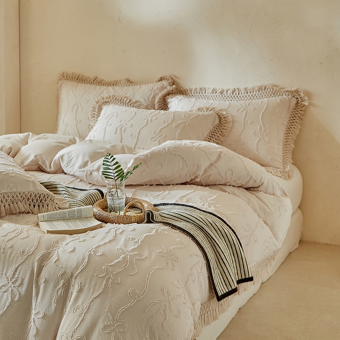 缘生活 2026春夏新款民宿立体剪花蝴蝶结流苏四件套 剪花竖条纹蝴蝶结流苏卡其