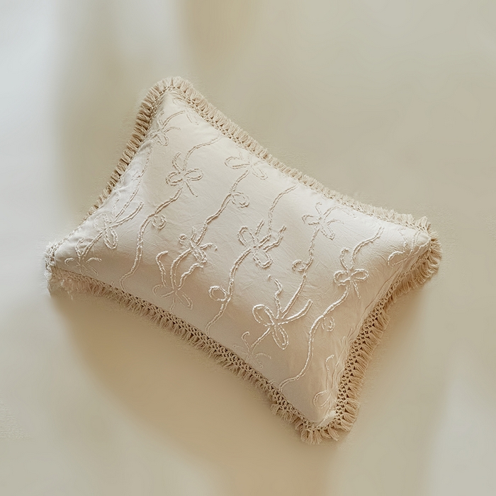 91家纺网 家纺一手货源 找家纺 缘生活 2026春夏新款民宿立体剪花蝴蝶结流苏四件套 剪花竖条纹蝴蝶结流苏卡其