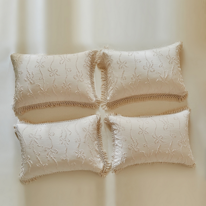 91家纺网 家纺一手货源 找家纺 缘生活 2026春夏新款民宿立体剪花蝴蝶结流苏四件套 剪花竖条纹蝴蝶结流苏卡其