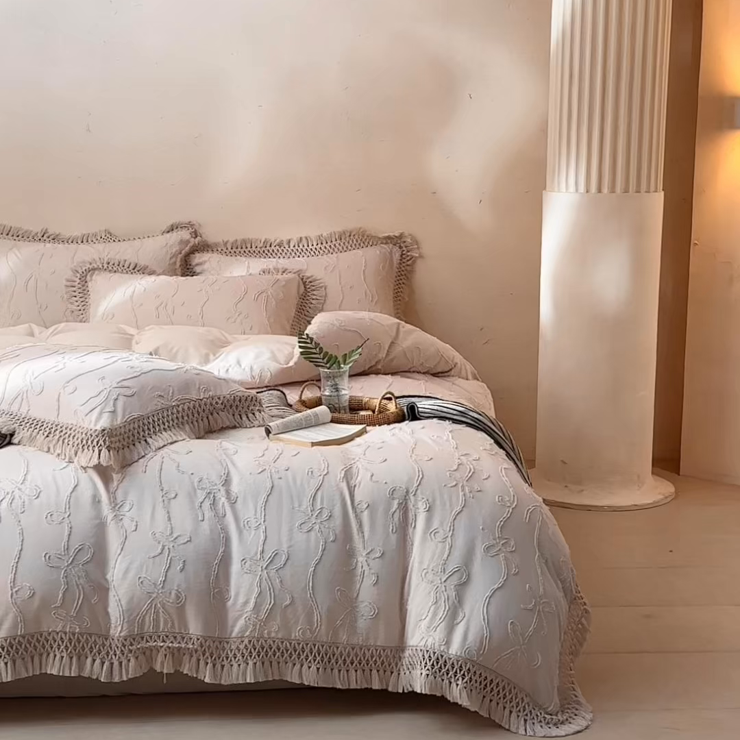 91家纺网 家纺一手货源 找家纺 缘生活 2026春夏新款民宿立体剪花蝴蝶结流苏四件套 剪花竖条纹蝴蝶结流苏卡其