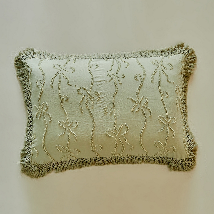 91家纺网 家纺一手货源 找家纺 缘生活 2026春夏新款民宿立体剪花蝴蝶结流苏四件套 剪花竖条纹蝴蝶结流苏抹茶绿