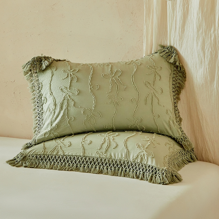 91家纺网 家纺一手货源 找家纺 缘生活 2026春夏新款民宿立体剪花蝴蝶结流苏四件套 剪花竖条纹蝴蝶结流苏抹茶绿