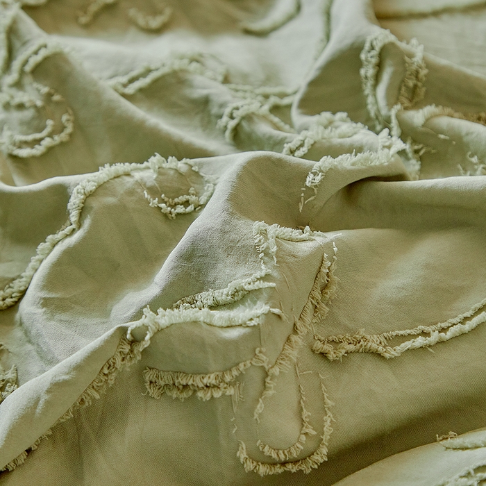 91家纺网 家纺一手货源 找家纺 缘生活 2026春夏新款民宿立体剪花蝴蝶结流苏四件套 剪花竖条纹蝴蝶结流苏抹茶绿