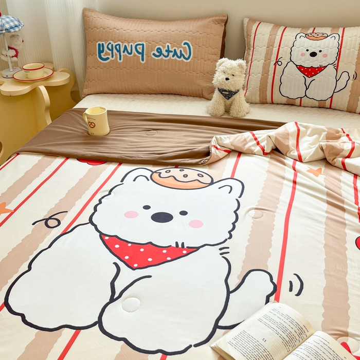 91家纺网 家纺一手货源 找家纺 大彩家居 2026新款针织夏被床盖四件套 燕麦拿铁熊