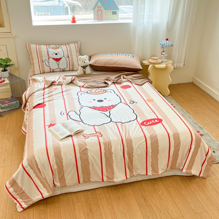 91家纺网 家纺一手货源 找家纺 大彩家居 2026新款针织夏被床盖四件套 燕麦拿铁熊