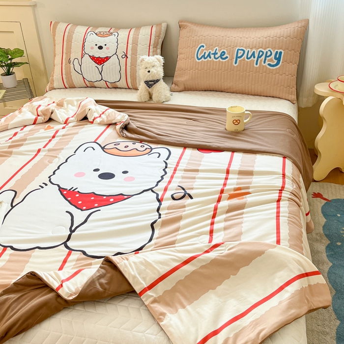 91家纺网 家纺一手货源 找家纺 大彩家居 2026新款针织夏被床盖四件套 燕麦拿铁熊