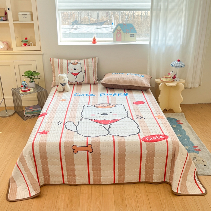 91家纺网 家纺一手货源 找家纺 大彩家居 2026新款针织夏被床盖四件套 燕麦拿铁熊