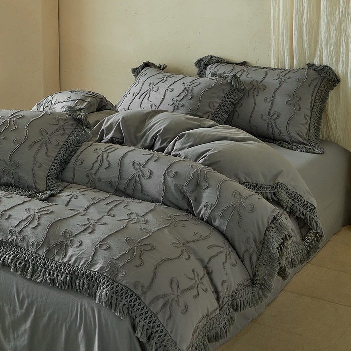 缘生活 2026春夏新款民宿立体剪花蝴蝶结流苏四件套 剪花竖条纹蝴蝶结流苏深灰