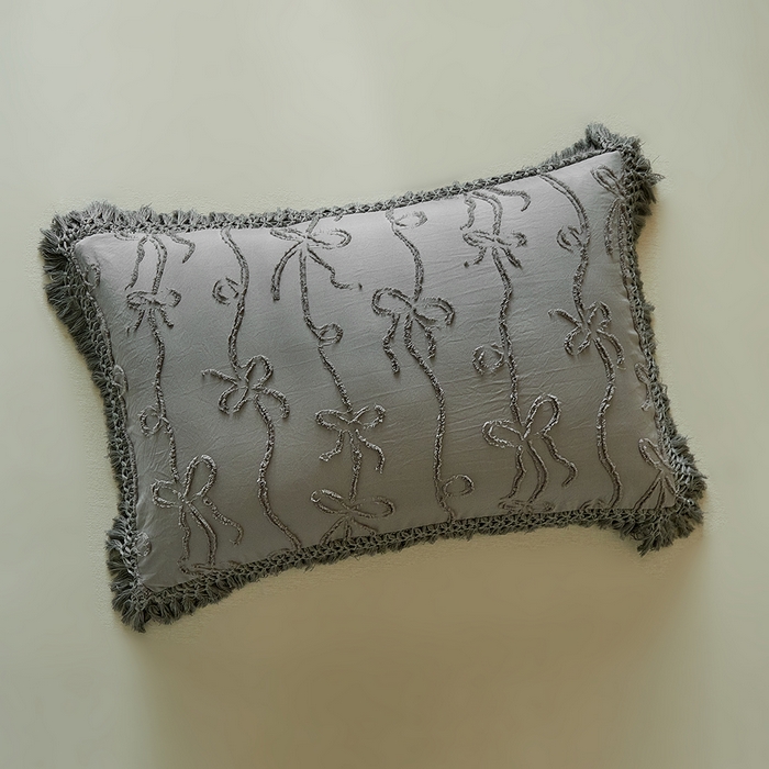 91家纺网 家纺一手货源 找家纺 缘生活 2026春夏新款民宿立体剪花蝴蝶结流苏四件套 剪花竖条纹蝴蝶结流苏深灰