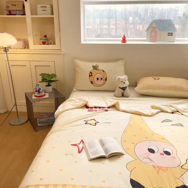 91家纺网 家纺一手货源 找家纺 大彩家居 2026新款针织夏被床盖四件套 早安星星人