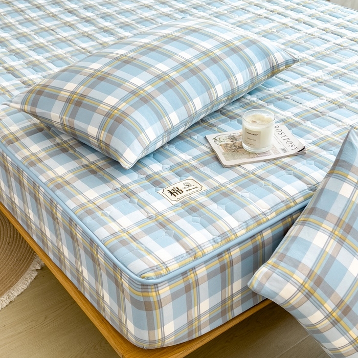 91家纺网 家纺一手货源 找家纺 蕾诺家纺 2026新款色织水洗棉棉花夹棉床笠保护套 简兮蓝