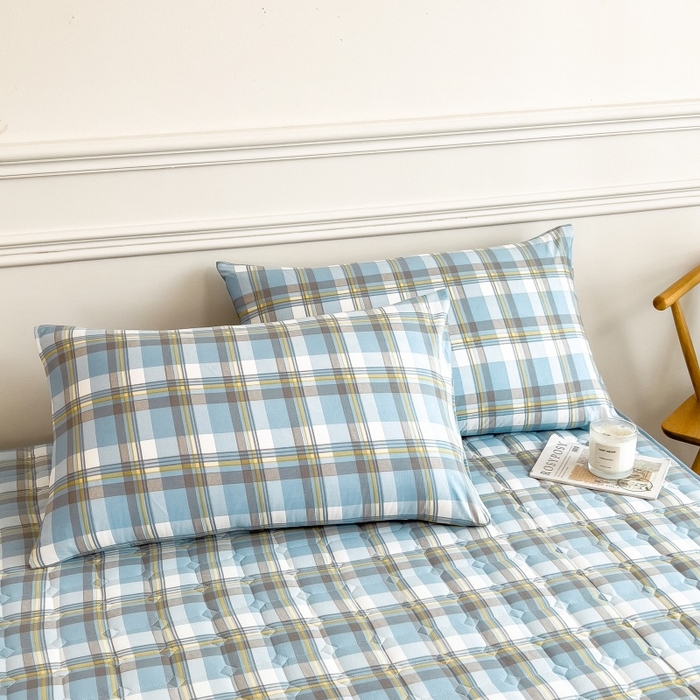 91家纺网 家纺一手货源 找家纺 蕾诺家纺 2026新款色织水洗棉棉花夹棉床笠保护套 简兮蓝