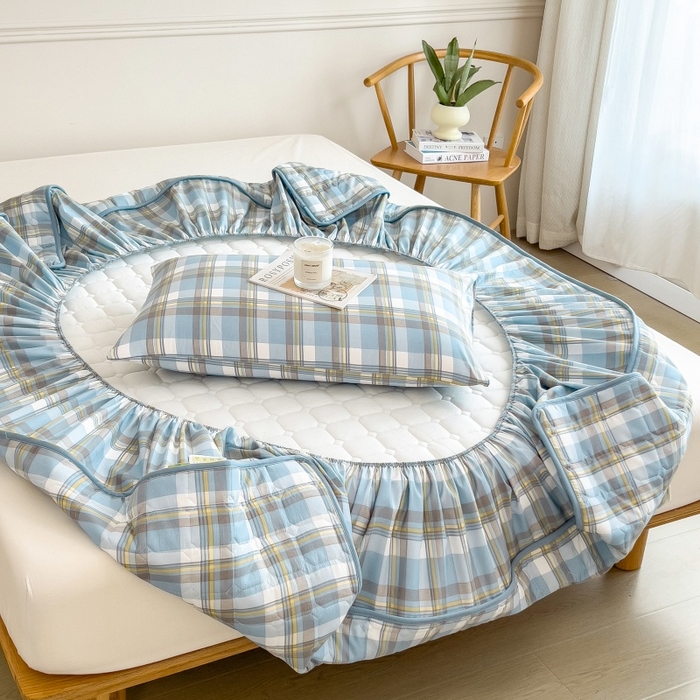 91家纺网 家纺一手货源 找家纺 蕾诺家纺 2026新款色织水洗棉棉花夹棉床笠保护套 简兮蓝