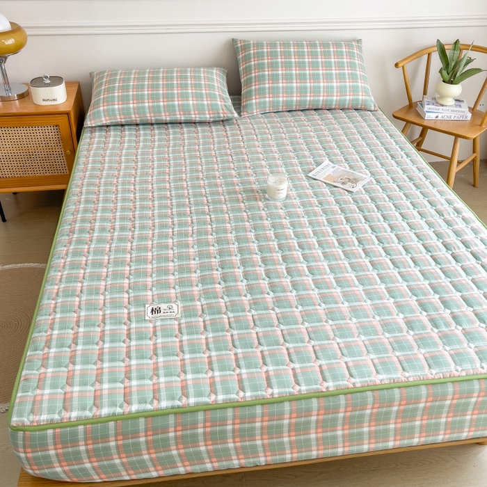 91家纺网 家纺一手货源 找家纺 蕾诺家纺 2026新款色织水洗棉棉花夹棉床笠保护套 橘绿条