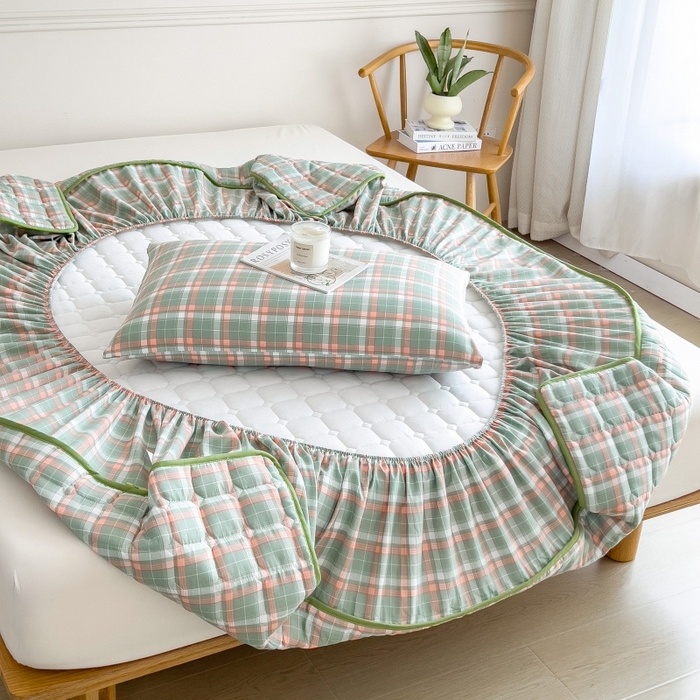 91家纺网 家纺一手货源 找家纺 蕾诺家纺 2026新款色织水洗棉棉花夹棉床笠保护套 橘绿条