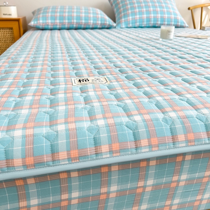 蕾诺家纺 2026新款色织水洗棉棉花夹棉床笠保护套 青春浅蓝