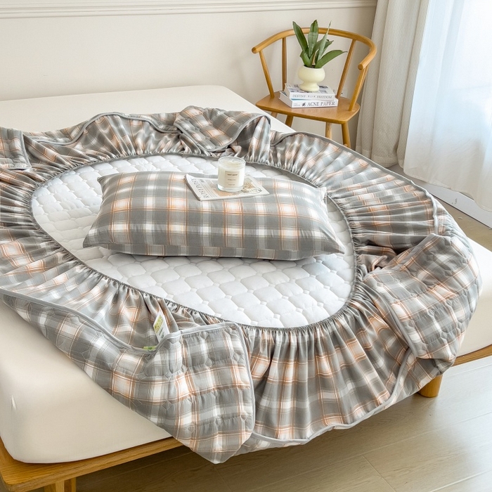 91家纺网 家纺一手货源 找家纺 蕾诺家纺 2026新款色织水洗棉棉花夹棉床笠保护套 三分灰格