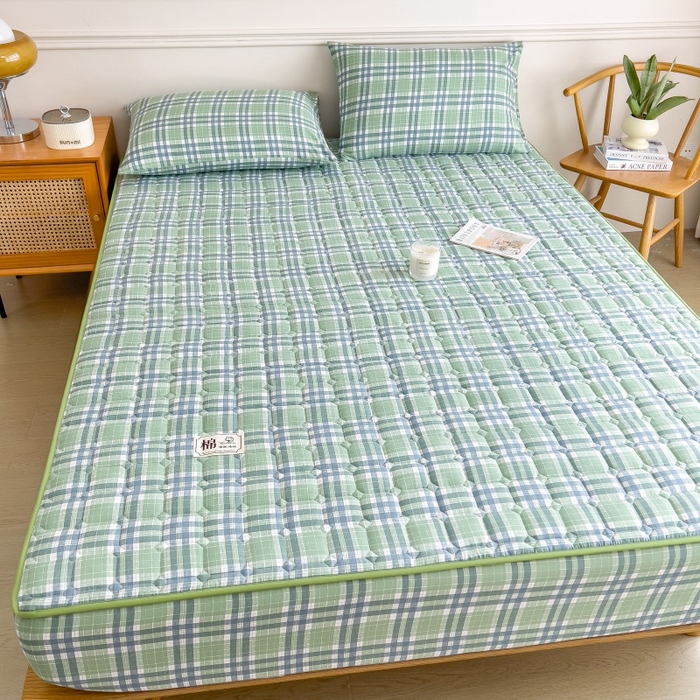 91家纺网 家纺一手货源 找家纺 蕾诺家纺 2026新款色织水洗棉棉花夹棉床笠保护套 时光绿