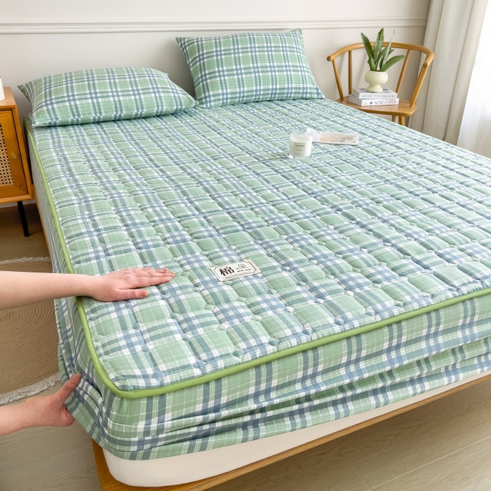 91家纺网 家纺一手货源 找家纺 蕾诺家纺 2026新款色织水洗棉棉花夹棉床笠保护套 时光绿