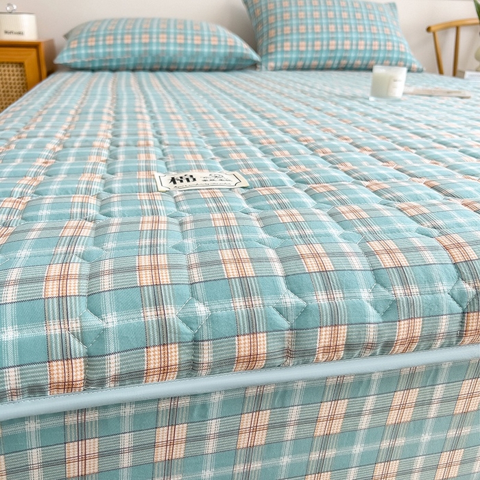 蕾诺家纺 2026新款色织水洗棉棉花夹棉床笠保护套 威尼斯绿