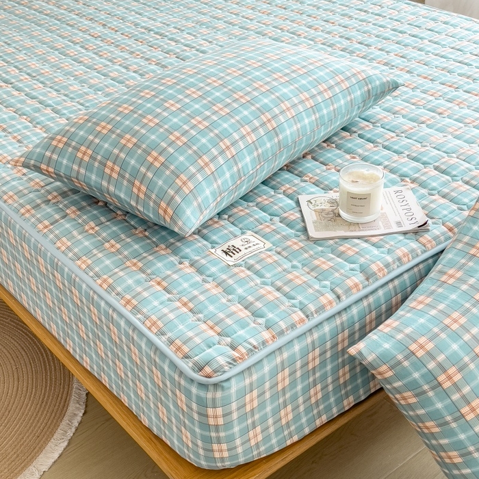 91家纺网 家纺一手货源 找家纺 蕾诺家纺 2026新款色织水洗棉棉花夹棉床笠保护套 威尼斯绿