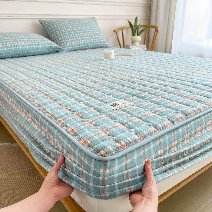 91家纺网 家纺一手货源 找家纺 蕾诺家纺 2026新款色织水洗棉棉花夹棉床笠保护套 威尼斯绿