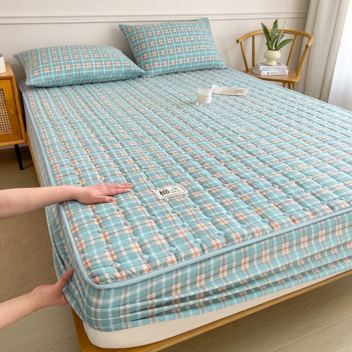 91家纺网 家纺一手货源 找家纺 蕾诺家纺 2026新款色织水洗棉棉花夹棉床笠保护套 威尼斯绿