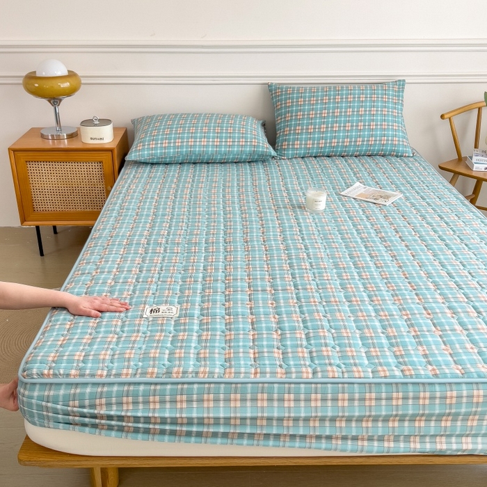 91家纺网 家纺一手货源 找家纺 蕾诺家纺 2026新款色织水洗棉棉花夹棉床笠保护套 威尼斯绿