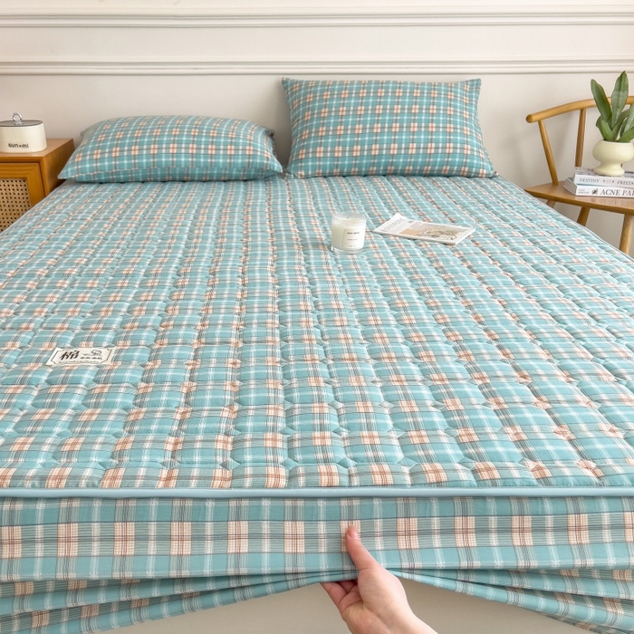 91家纺网 家纺一手货源 找家纺 蕾诺家纺 2026新款色织水洗棉棉花夹棉床笠保护套 威尼斯绿