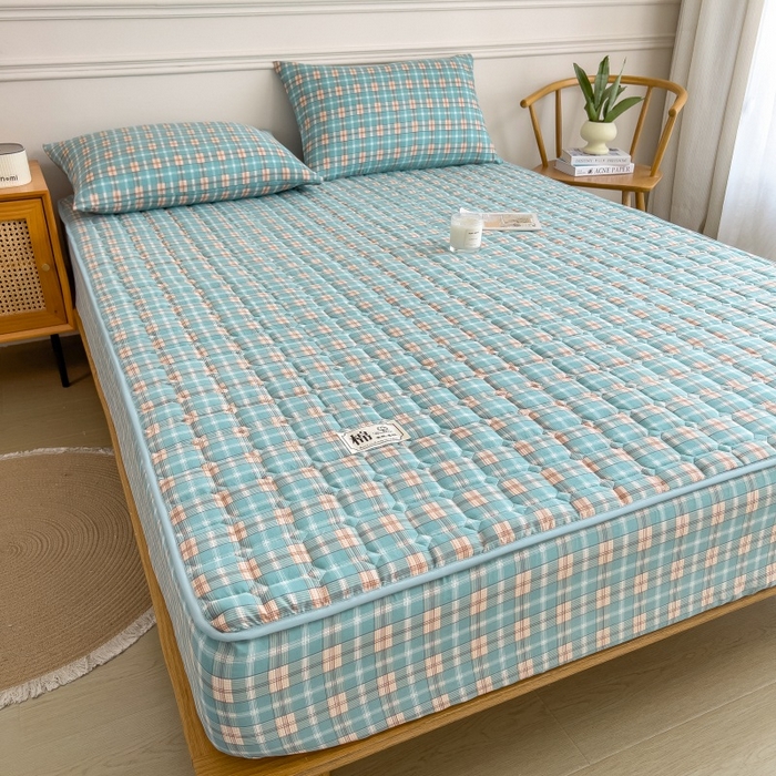 91家纺网 家纺一手货源 找家纺 蕾诺家纺 2026新款色织水洗棉棉花夹棉床笠保护套 威尼斯绿