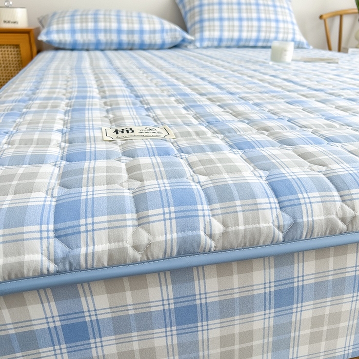 蕾诺家纺 2026新款色织水洗棉棉花夹棉床笠保护套 心语蓝